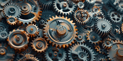 A close-up of interlocking gears and cogs, symbolizing teamwork, industry, and mechanical engineering.
