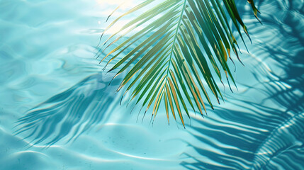 Tropical leaf shadow on water surface. Shadow of palm leaves on blue water. Beautiful abstract background concept banner for summer vacation at the beach