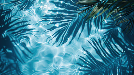 Tropical leaf shadow on water surface. Shadow of palm leaves on blue water. Beautiful abstract background concept banner for summer vacation at the beach