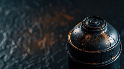 Close up image of black spray paint can on dark backdrop