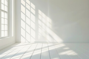 Obraz premium Empty minimal room interior with blank white walls and wooden floor, windows, natural light and shadows