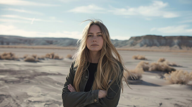 a long blonde haired female topmodel , standing in an empty landscape, facing the camera 
