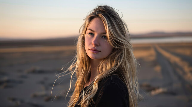 a long blonde haired female topmodel , standing in an empty landscape, facing the camera 