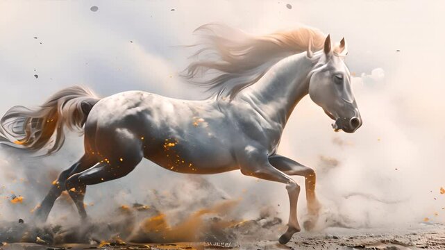 A beautiful horse is running with a speed effect in the style of digital art against a white background.generative ai