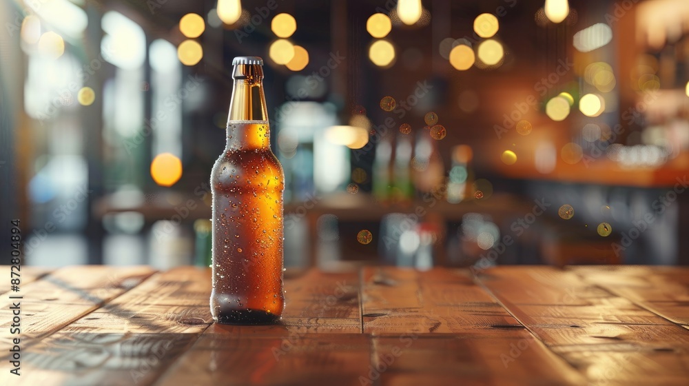Poster close up image of a beer bottle on a wooden table with bar lights in the background