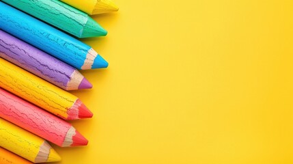 Obraz premium Colorful Chalks on Yellow Background with Copy Space Education Template and Creative Business Concept