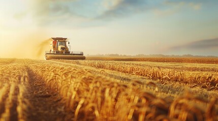 Naklejka premium Busy tractor trailer post soybean harvest in field with space for text