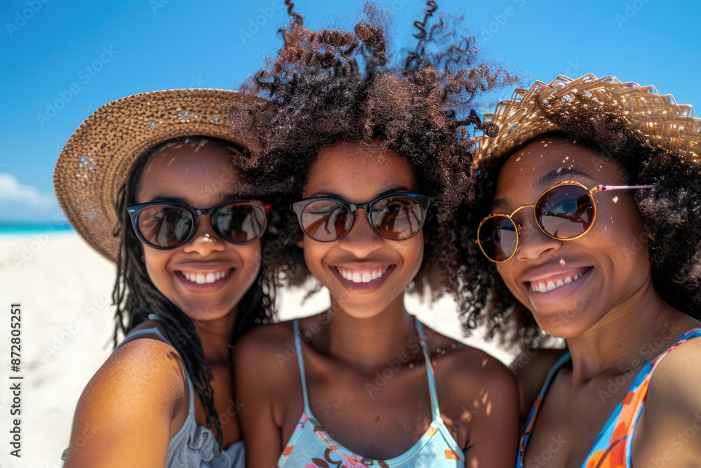 Wall mural Sisters playing selfie at the seaside