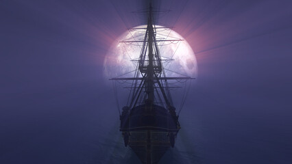 old ship in sea full moon illustration