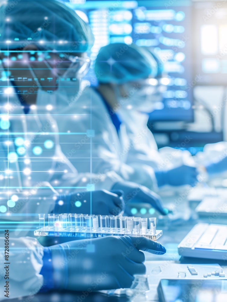 Poster documentary style image of a group of scientists working on clinical trial data, intense discussion,