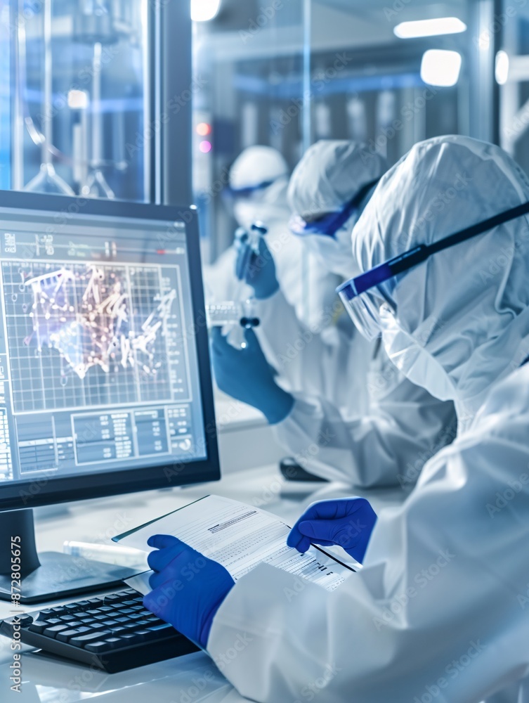 Poster documentary style image of a group of scientists working on clinical trial data, intense discussion,