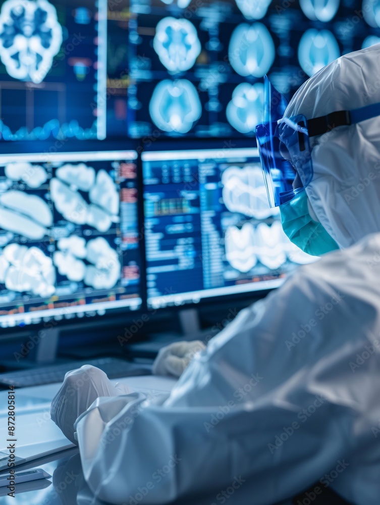 Poster documentary style image of data scientists analyzing clinical trial data, collaborative effort, mult