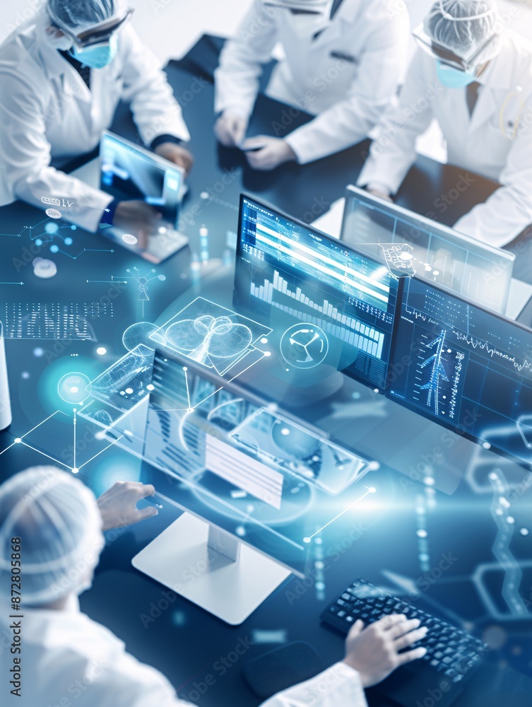 Poster documentary style image of data scientists analyzing clinical trial data, collaborative effort, mult