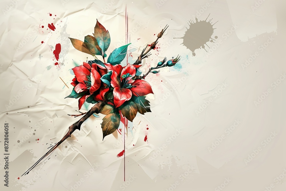 Poster abstract floral composition with splashes of color on a textured background