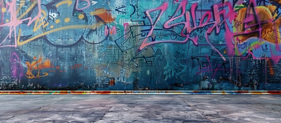 Colorful urban wall graffiti banner background. Creative city street art background on wall. Abstract geometric graffiti composition in bold solid colors