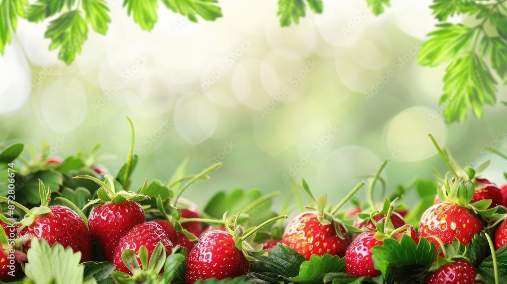 Poster gardener with strawberries in garden bed during spring banner with empty space for text