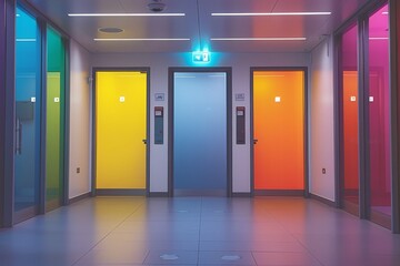 Colorful elevator doors in a modern hallway with reflective floors
