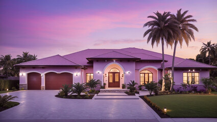 Obraz premium This is a large house with a pink exterior, a palm tree, and a driveway.