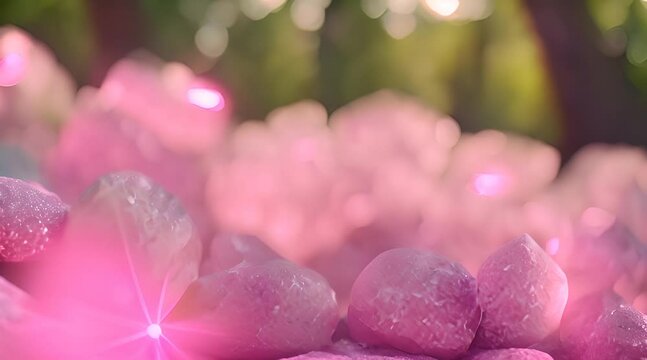 Rose quartz close-up in a forest environment