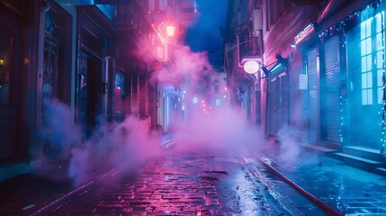 Naklejka premium A dark street, bathed in neon pink and blue lights, with night smog swirling around. Minimalistic, ultra HD quality.