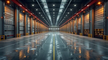 Spacious Empty Warehouse with Shiny Floors and Lighting. Spacious and empty warehouse featuring shiny floors, bright industrial lighting, and high ceilings, ready for storage or logistics operations.