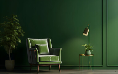 Green armchair against a dark green wall