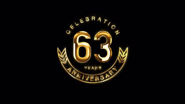 63rd Golden Anniversary Celebration. Happy 63 Years Anniversary Animation in Gold Color on the Transparent Background, Alpha Channel. Great for greetings, celebrations, events, and gifts.