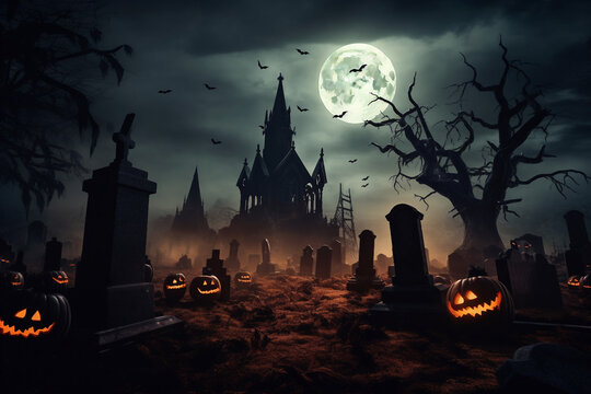 AI generated image of a mysterious dark cemetery at halloween night