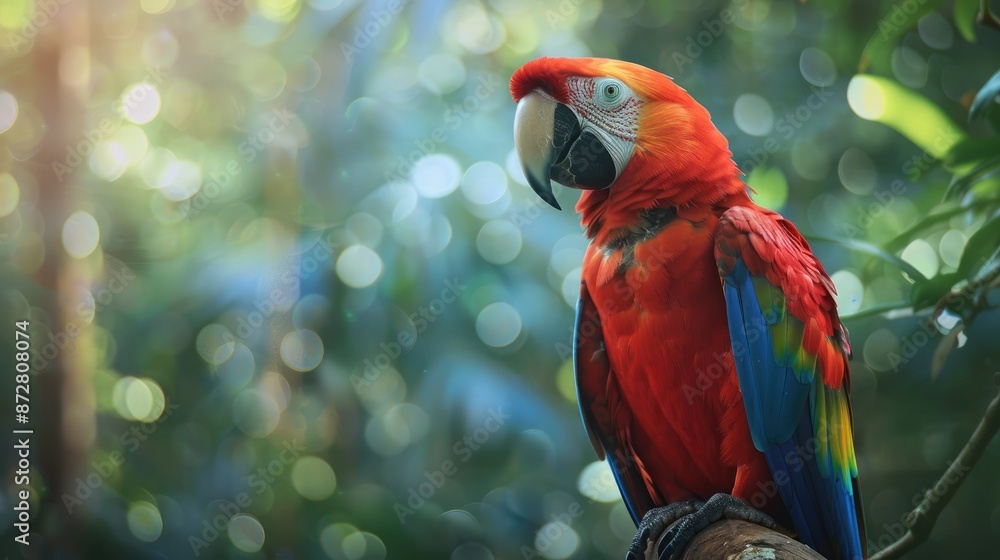 Poster gorgeous macaw with blurred forest background in shallow depth of field great for diverse ideas