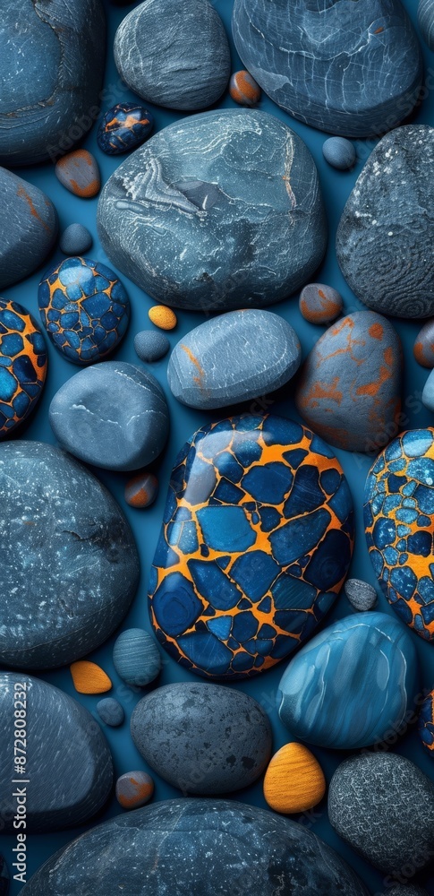 Poster abstract pattern of blue and orange pebbles creating a visually captivating texture