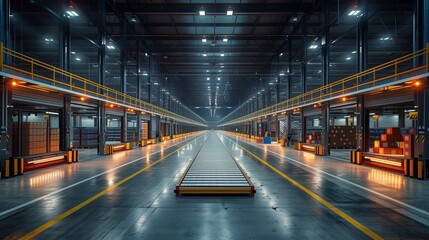 Obraz premium Automated Conveyor System in Modern Warehouse. Modern warehouse with an automated conveyor system, highlighting advanced logistics and efficient package handling.