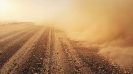 Extreme weather effect in offroad rally with dust and sand in the air on gravel road