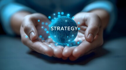 The image features a businessman's hand with the word "STRATEGY" projected on it, highlighting concepts of innovation, business promotion, and professional presentation in a corporate setting.