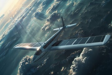 Fototapeta premium Solar-Powered Airplane Flying Above Clouds.