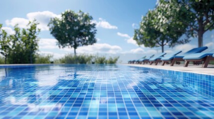 Hotel pool with blue tiles sun loungers and trees Summer vacation concept