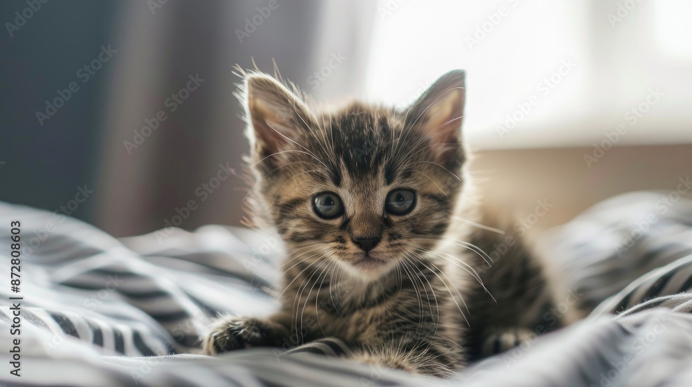 Wall mural Small adorable kitten gazes at the camera while resting on a bed