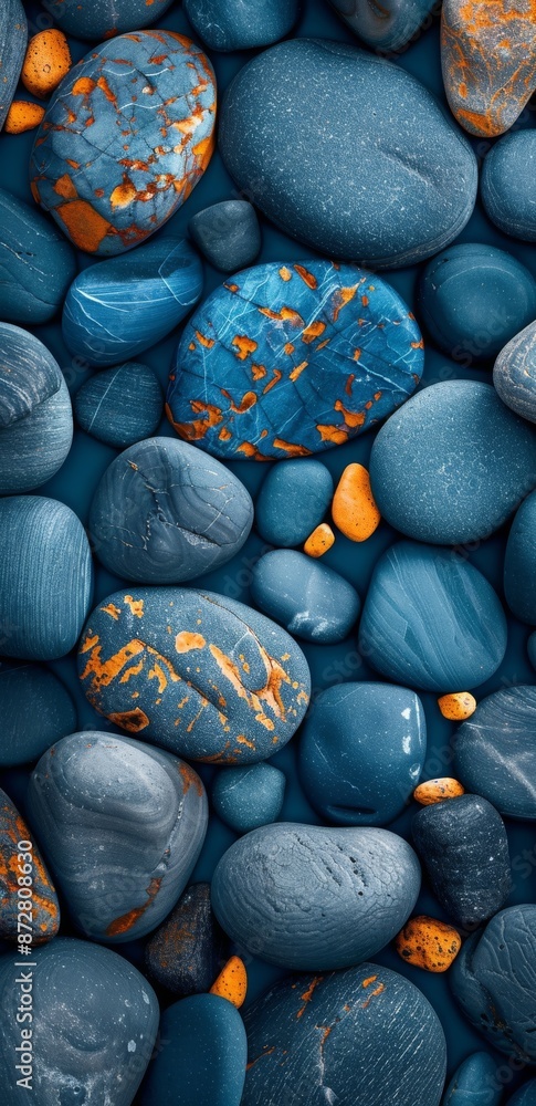 Poster abstract arrangement of blue and orange pebbles creating a textured pattern