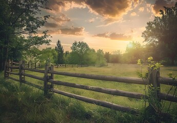 Obraz premium Rustic Wooden Fence in Grassy Field at Sunset