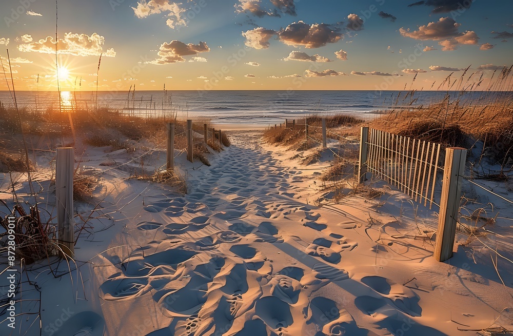 Poster Sunset Beach Path With Footprints And Wooden Fence