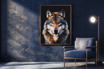 A minimalist living room with a navy blue wall adorned with a single frame of a majestic wolf, highlighted softly by a spotlight.