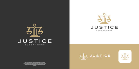 Minimalist justice logo with scale symbol and line art style logo design.