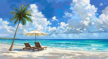 Obraz premium Serene Beach with Palm Tree and Lounge Chairs
