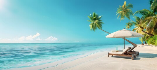 Obraz premium Tropical Beach Paradise with Sunbeds and Palm Trees
