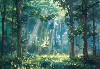 Obraz premium Sunbeams Through Tranquil Forest
