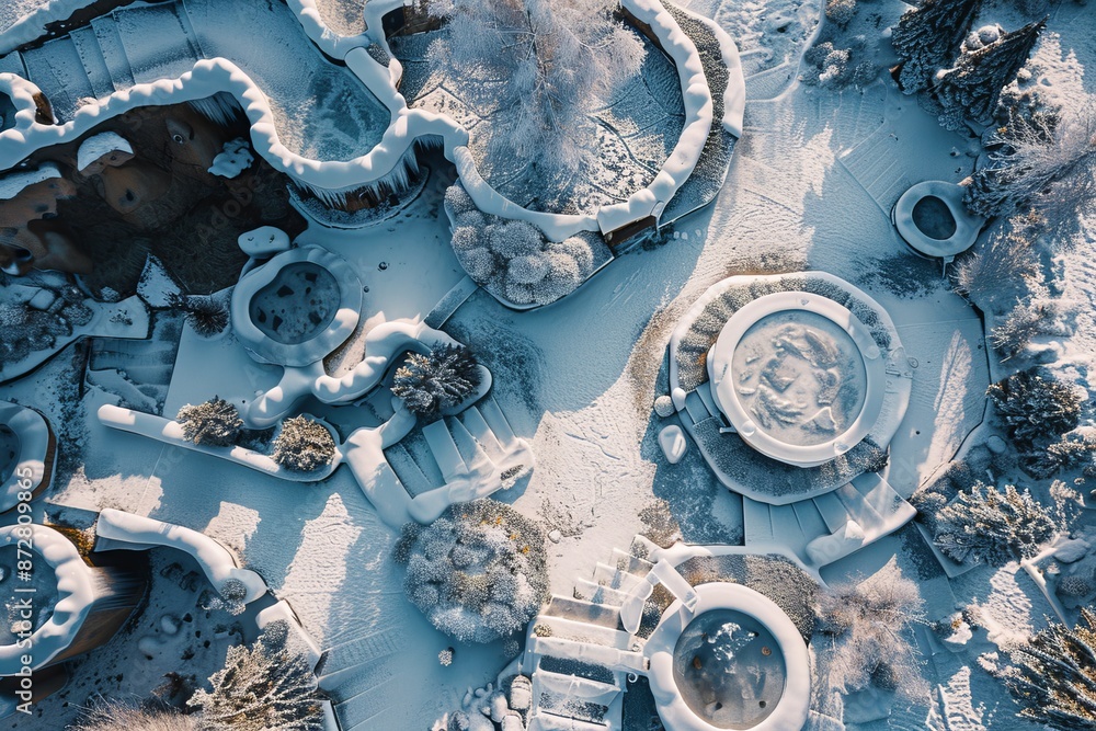 Poster aerial view of a snowy landscape with circular structures