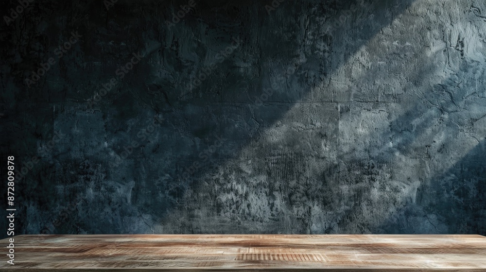 Wall mural Lonely wooden countertop against a dark concrete wall in a home interior Evening with dim lighting Ample room for text