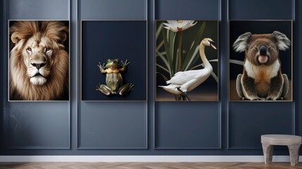 A minimalist hallway with a navy blue wall featuring four frames: a majestic lion, a graceful swan, a leaping frog, and a tranquil koala, each highlighted gently.