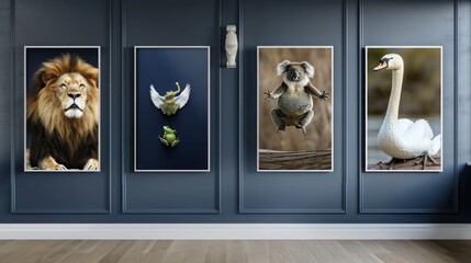 A minimalist hallway with a navy blue wall featuring four frames: a majestic lion, a graceful swan, a leaping frog, and a tranquil koala, each highlighted gently.