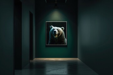 A minimalist hallway with a dark green wall showcasing a single frame of a powerful bear, illuminated by a spotlight.