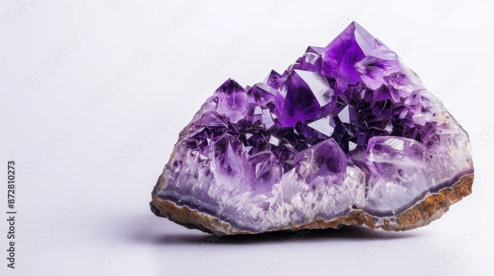 Poster focus on amethyst geode on white background front view text space
